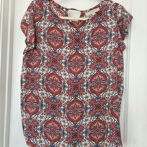 LOFT Geometric Pattern Pink Blue White Flutter Sleeve Keyhole Blouse Petites LP